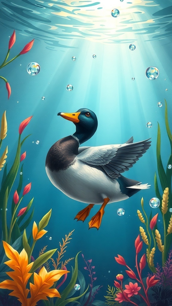 Duck Underwater Illustration Recipe A beautiful underwater illustration of a duck surrounded by plants and bubbles.